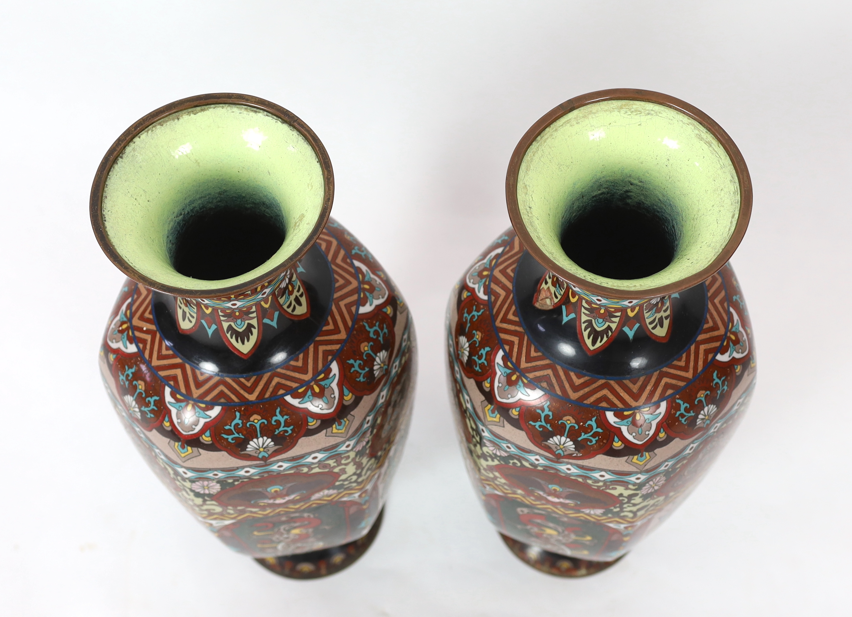 A pair of large Japanese Kyoto cloisonné enamel hexagonal baluster vases, early 20th century, minor damage